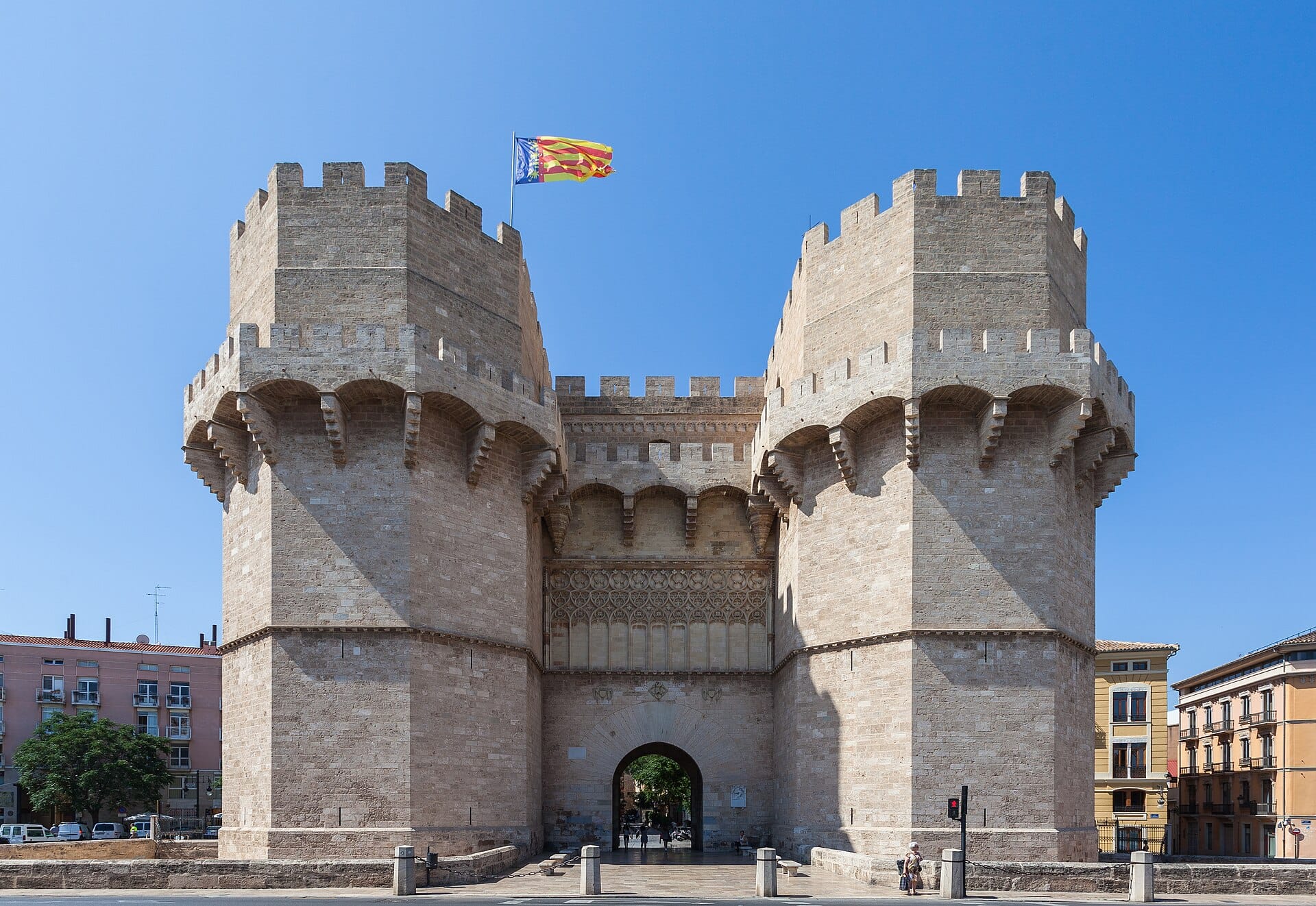 The twin medieval towers of the Torres de Serranos gate in Valencia