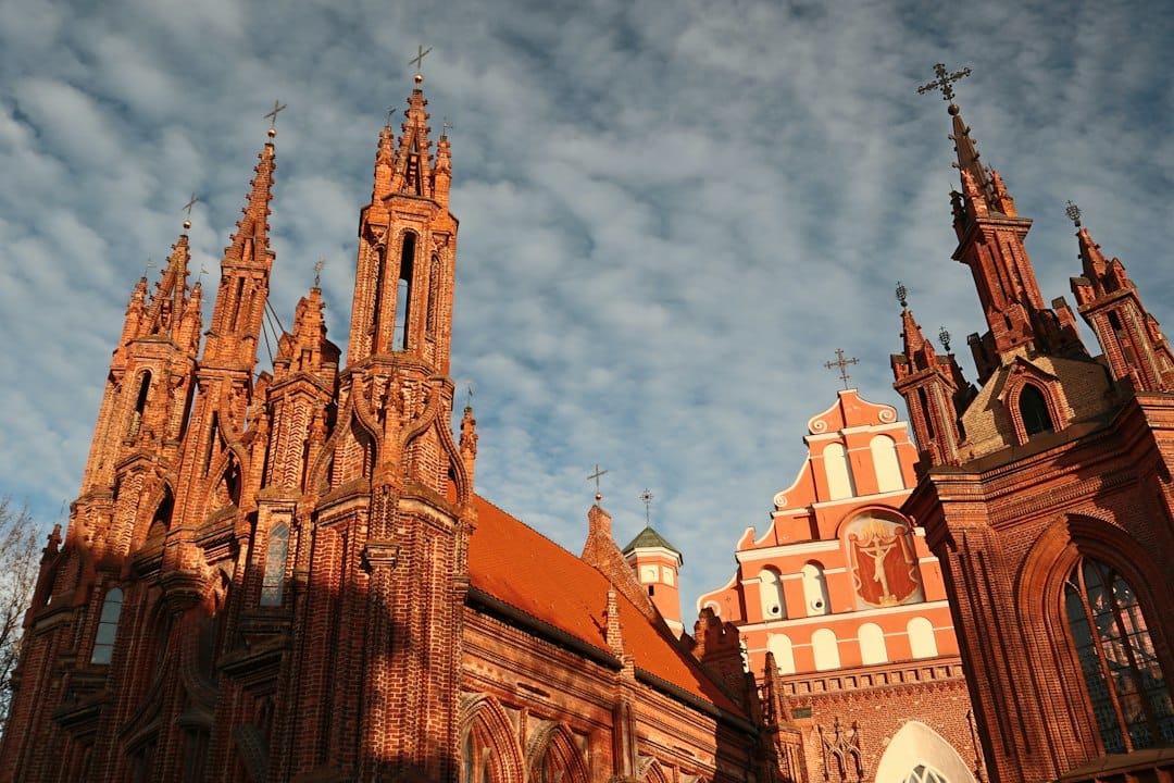 The red-brick Gothic facade of St. Anne's Church beside the Bernardine Church, Vilnius