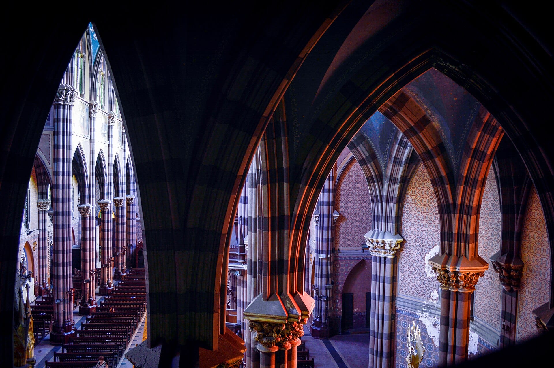Neo-Gothic facade of the Iglesia de los Capuchinos with its asymmetric towers