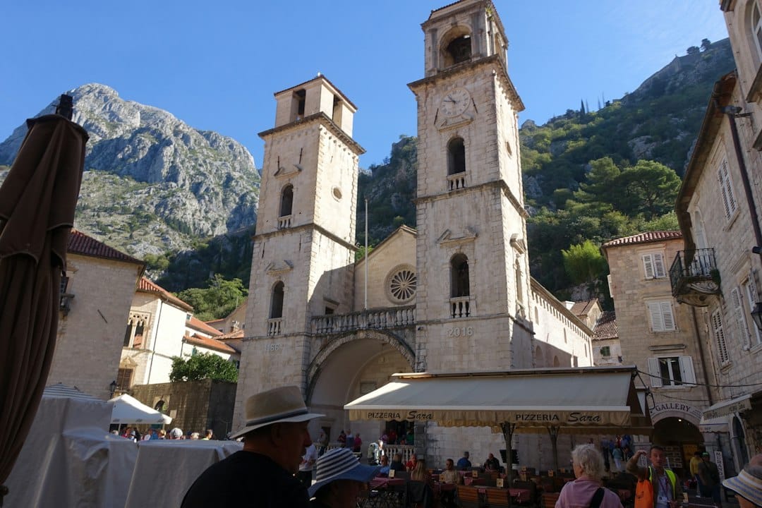 The two asymmetrical Romanesque bell towers of St Tryphon Cathedral in Kotor, dated 1166 and 2016