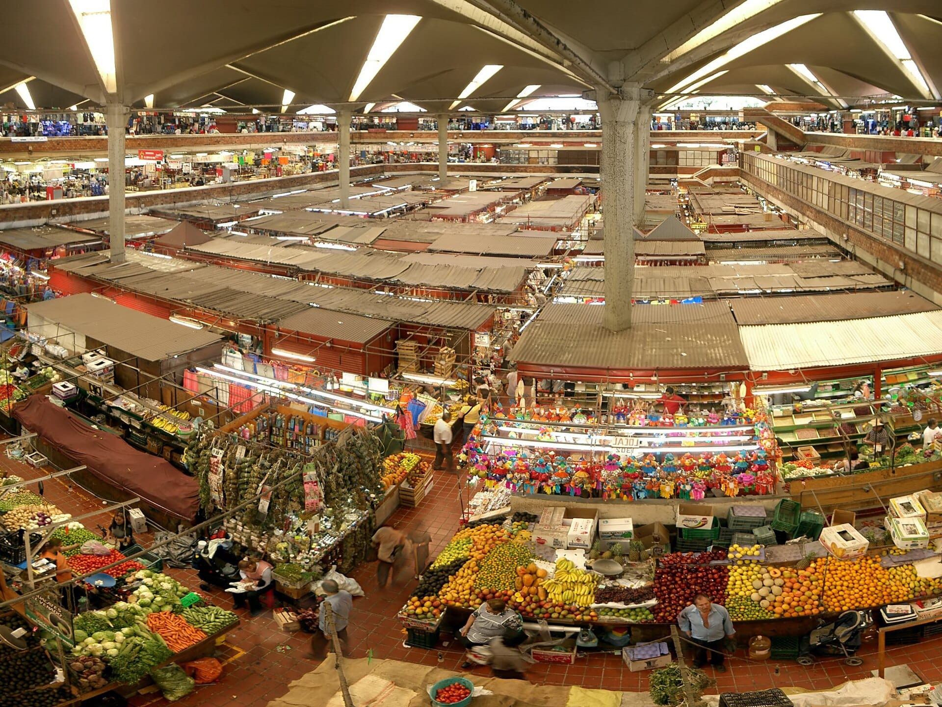 Interior panorama of the multi-level Mercado Libertad San Juan de Dios in Guadalajara