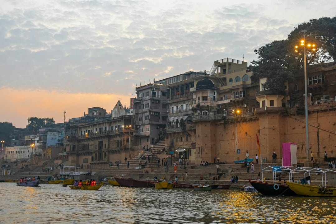 Wooden boats on the Ganges at Varanasi in early morning light