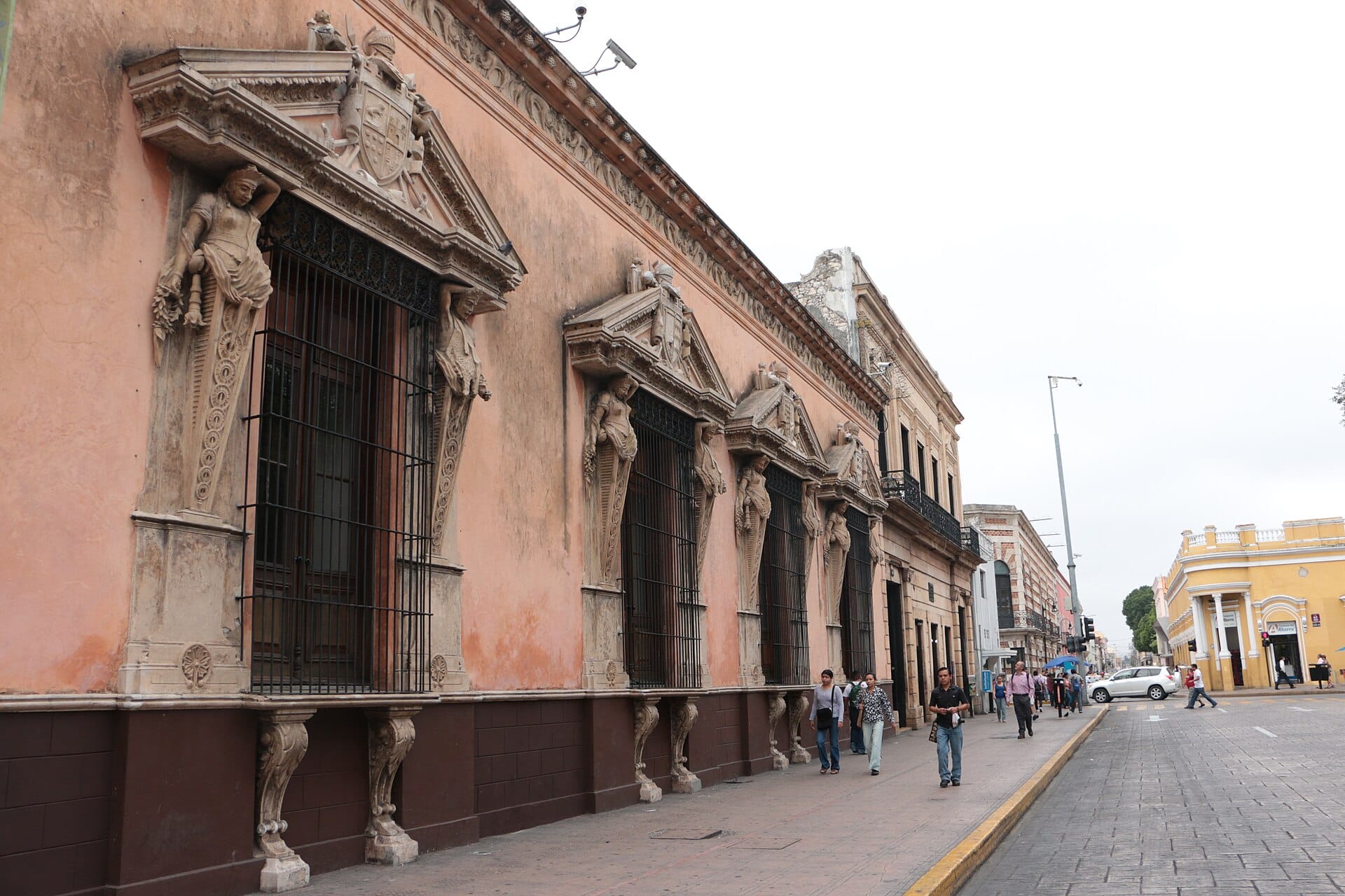 The ornate Plateresque carved stone facade of the Casa de Montejo in Mérida