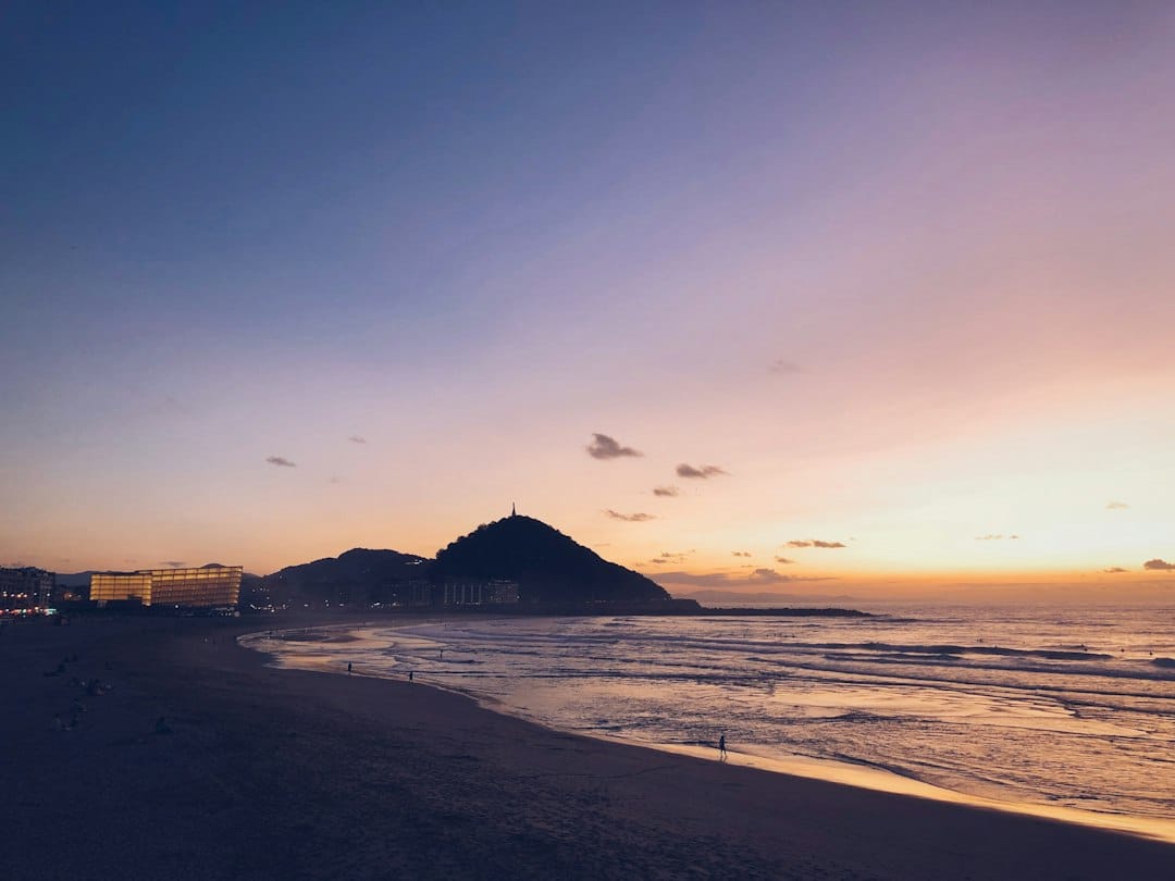 Zurriola beach and the seafront in San Sebastián at dusk