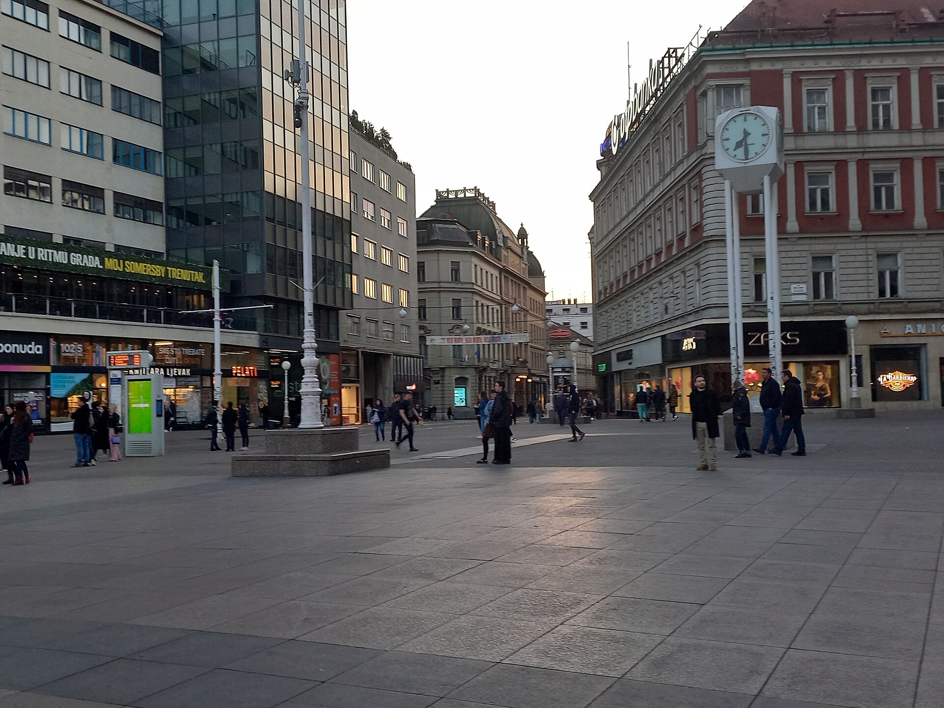 Ban Jelačić Square in central Zagreb with the free-standing clock and surrounding buildings
