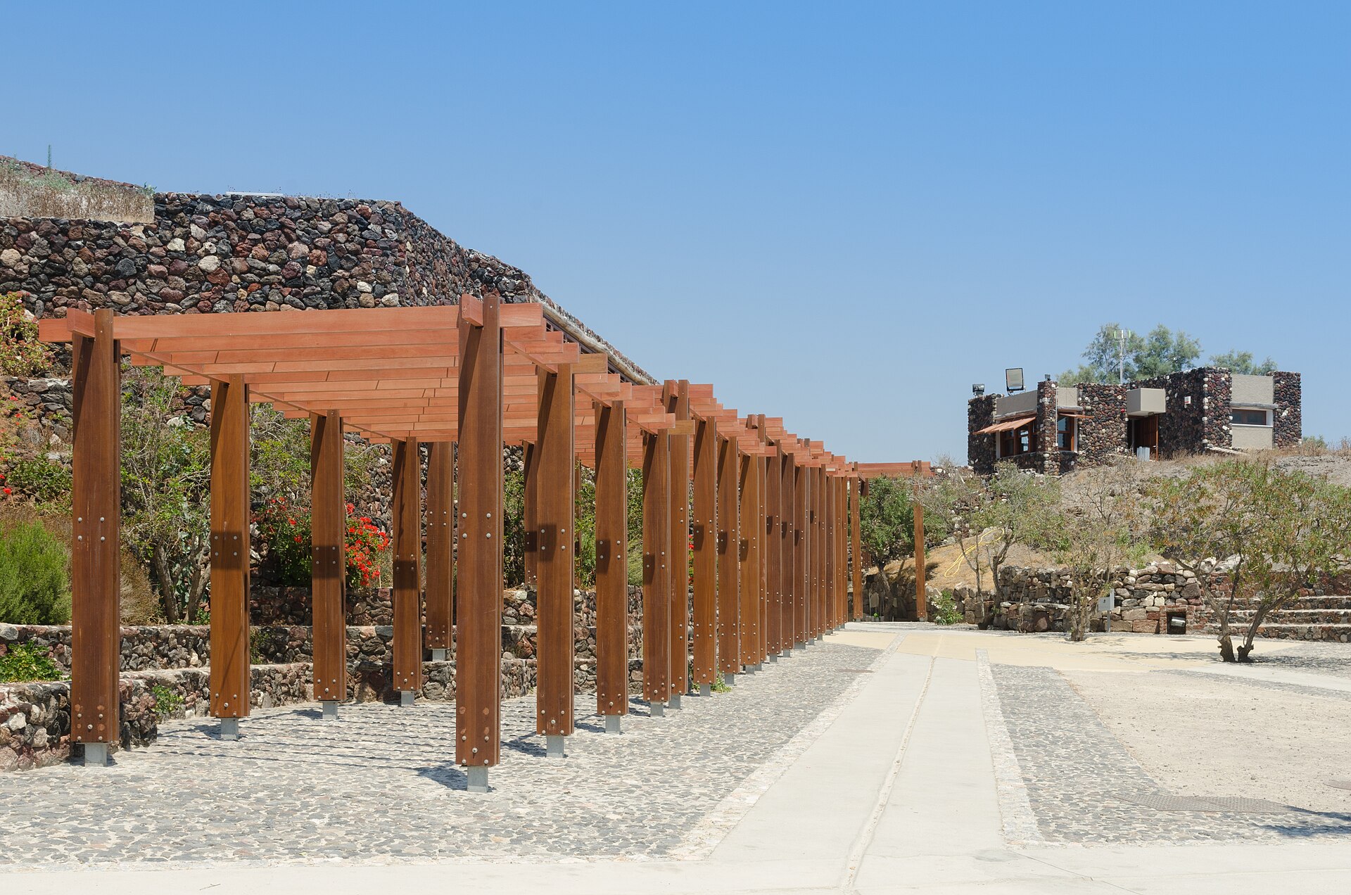 Covered walkway at the entrance to the Akrotiri archaeological site, Santorini