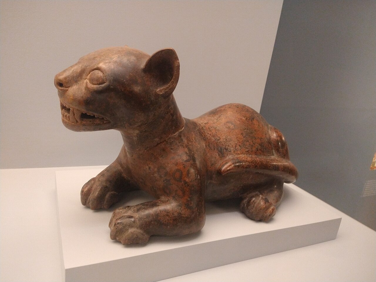 Pre-Hispanic ceramic jaguar effigy on display at the Museo Amparo in Puebla