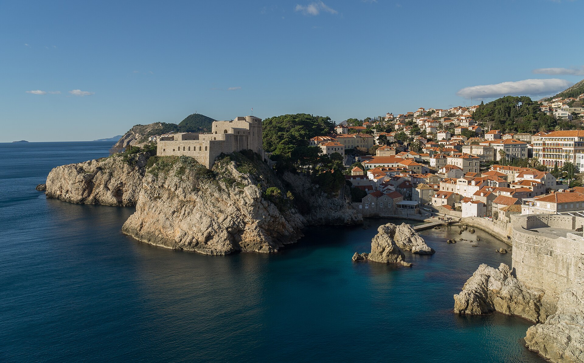 Fort Lovrijenac standing on a high cliff above the sea beside Dubrovnik's Old Town