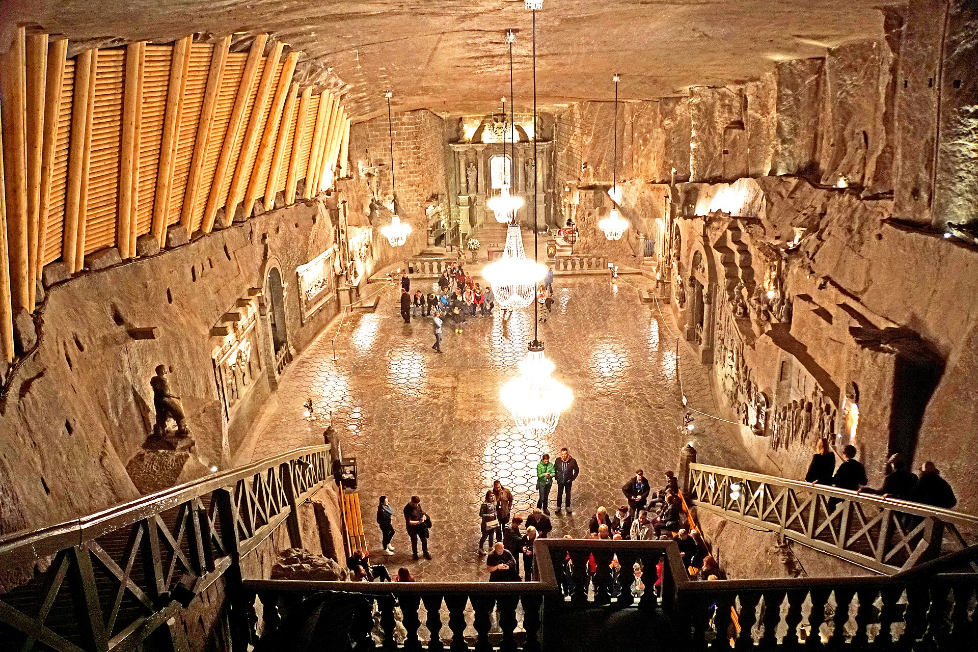 The vast underground St Kinga's Chapel at Wieliczka Salt Mine, lit by salt-crystal chandeliers
