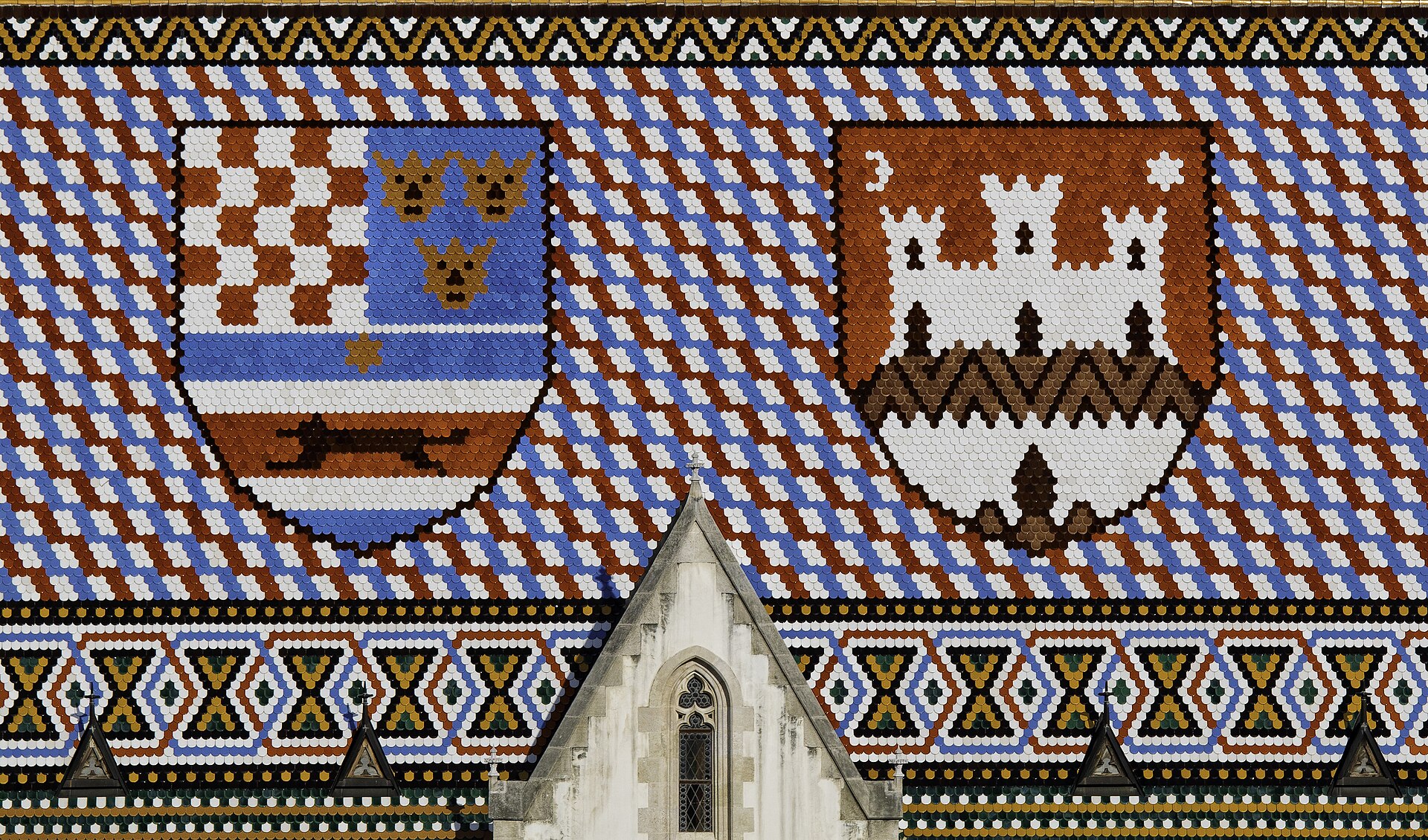 The tiled roof of St Mark's Church in Zagreb showing the two coats of arms