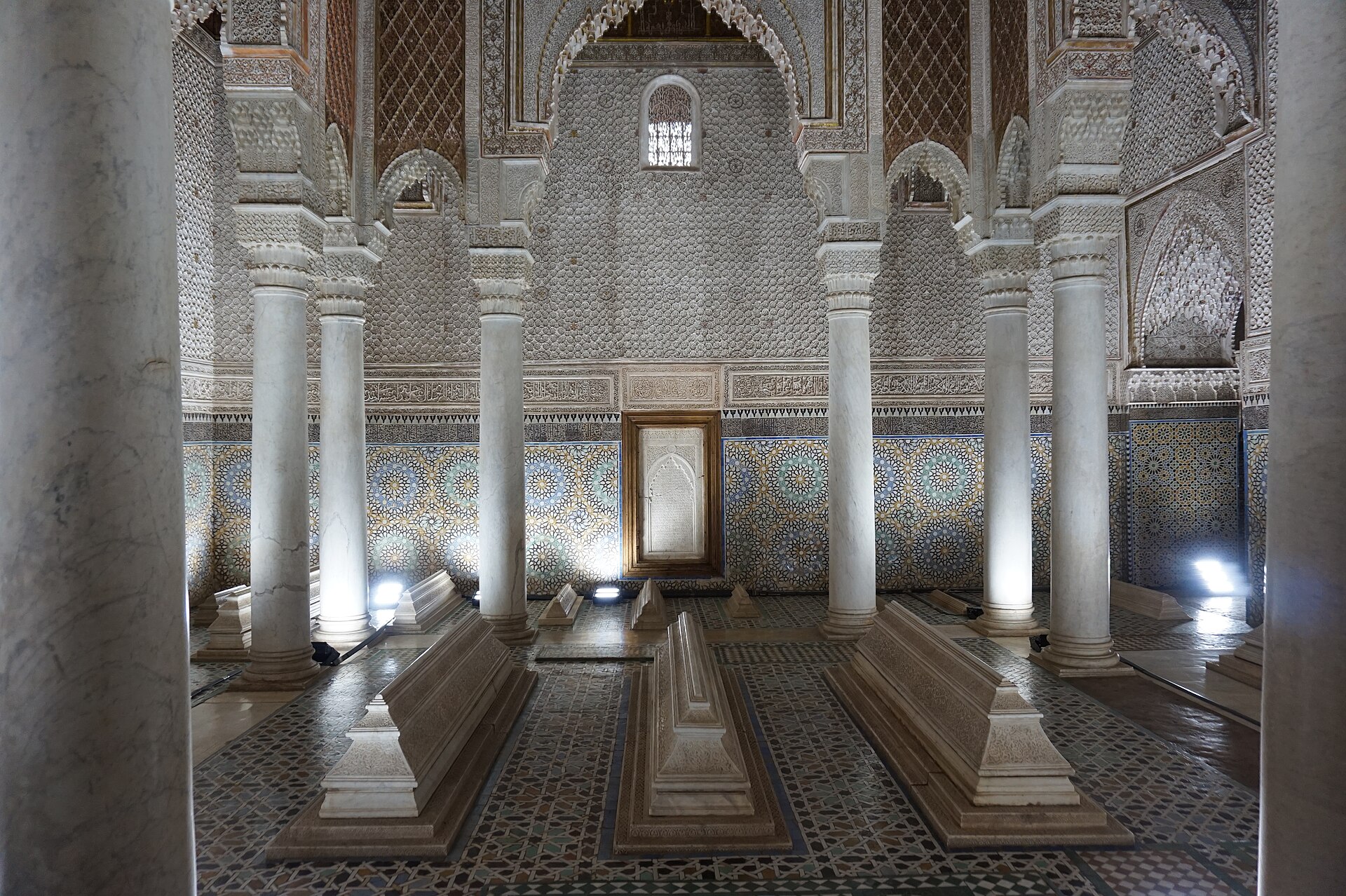 The Hall of Twelve Columns at the Saadian Tombs with marble columns and tombs