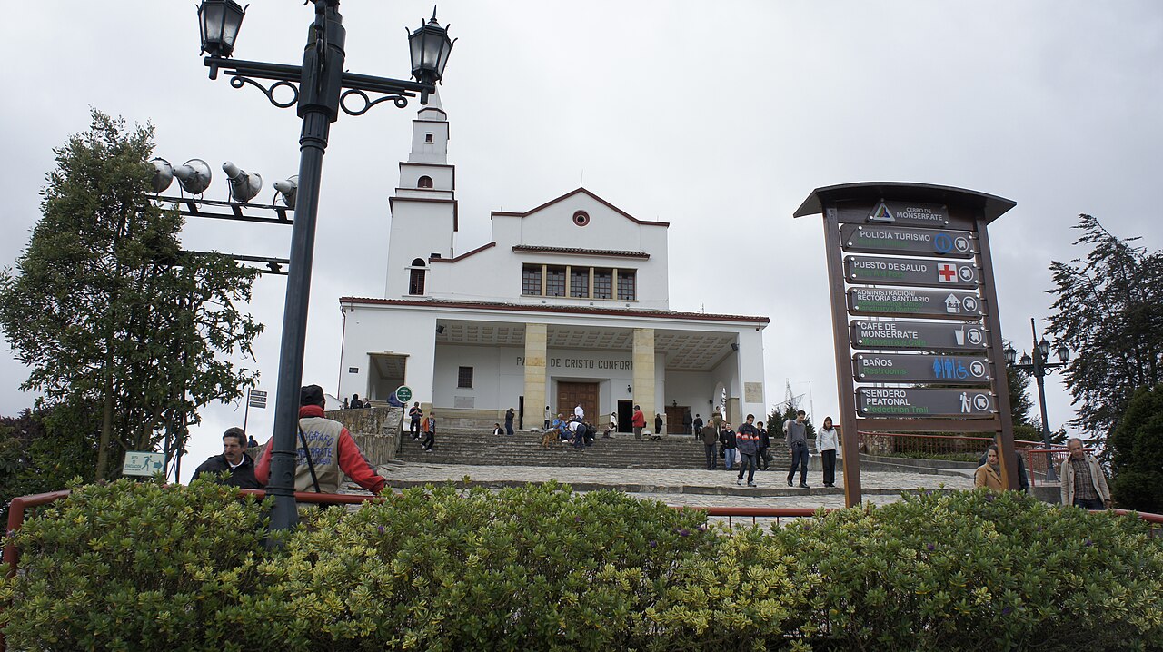 The white Monserrate sanctuary church on the mountaintop above Bogotá