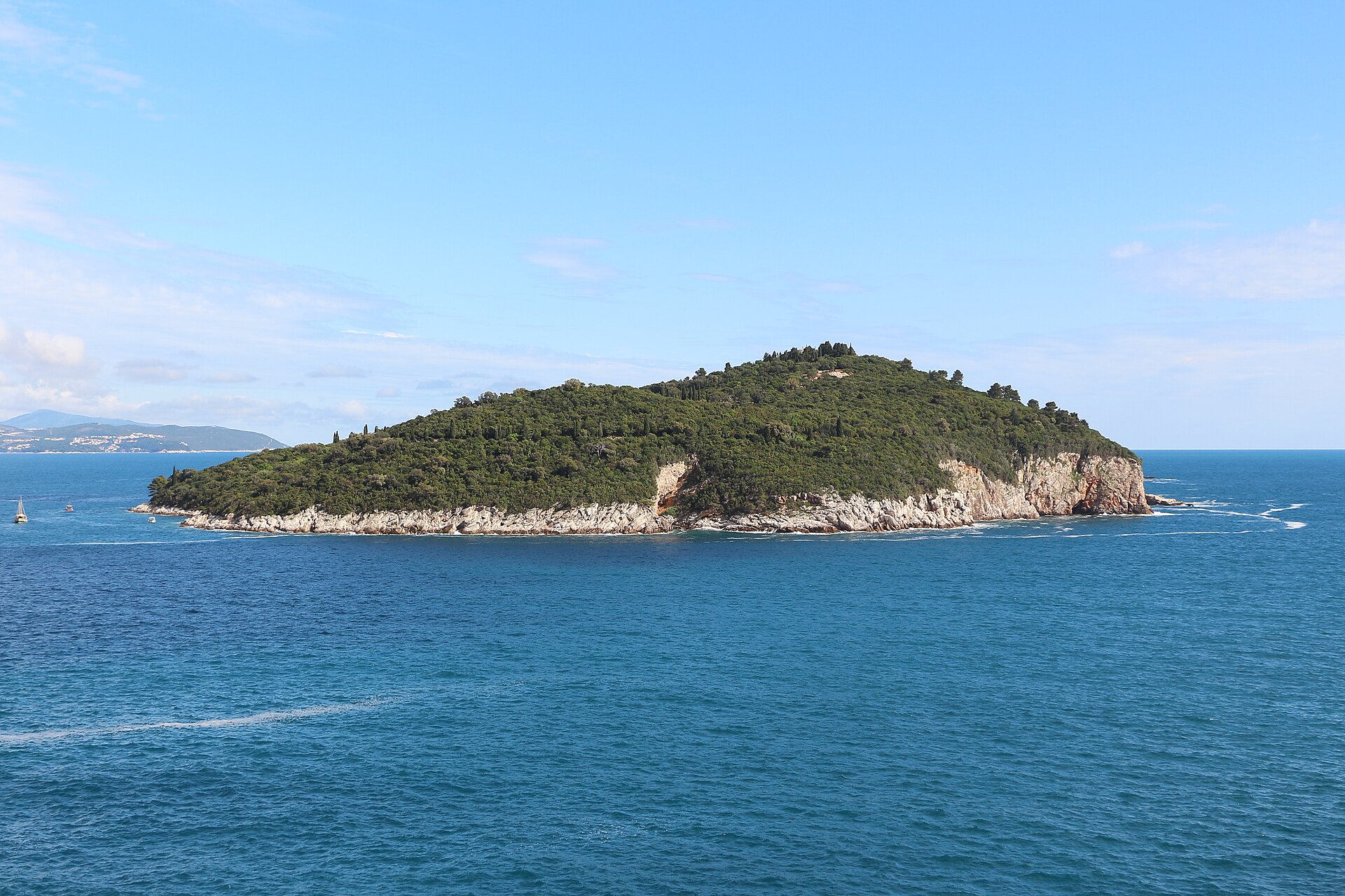 The forested island of Lokrum rising from the blue Adriatic Sea off Dubrovnik