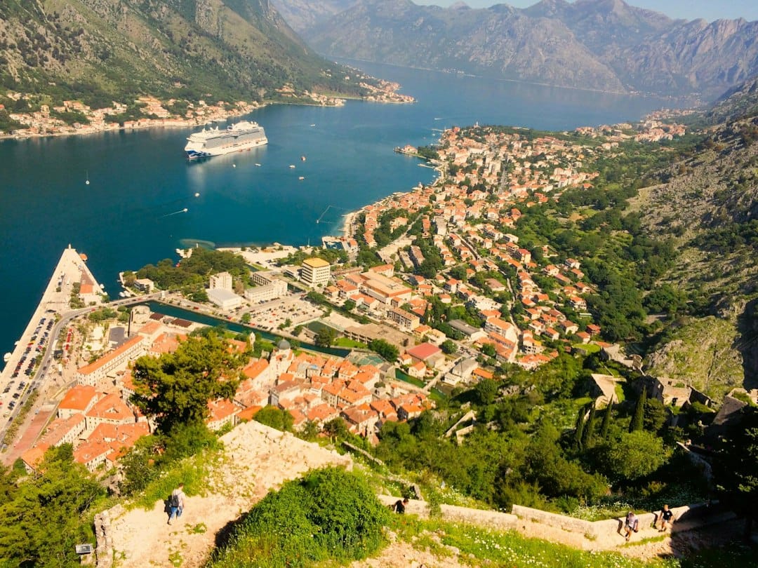 Aerial view of Kotor Old Town and the bay seen from high on the Lovcen mountainside