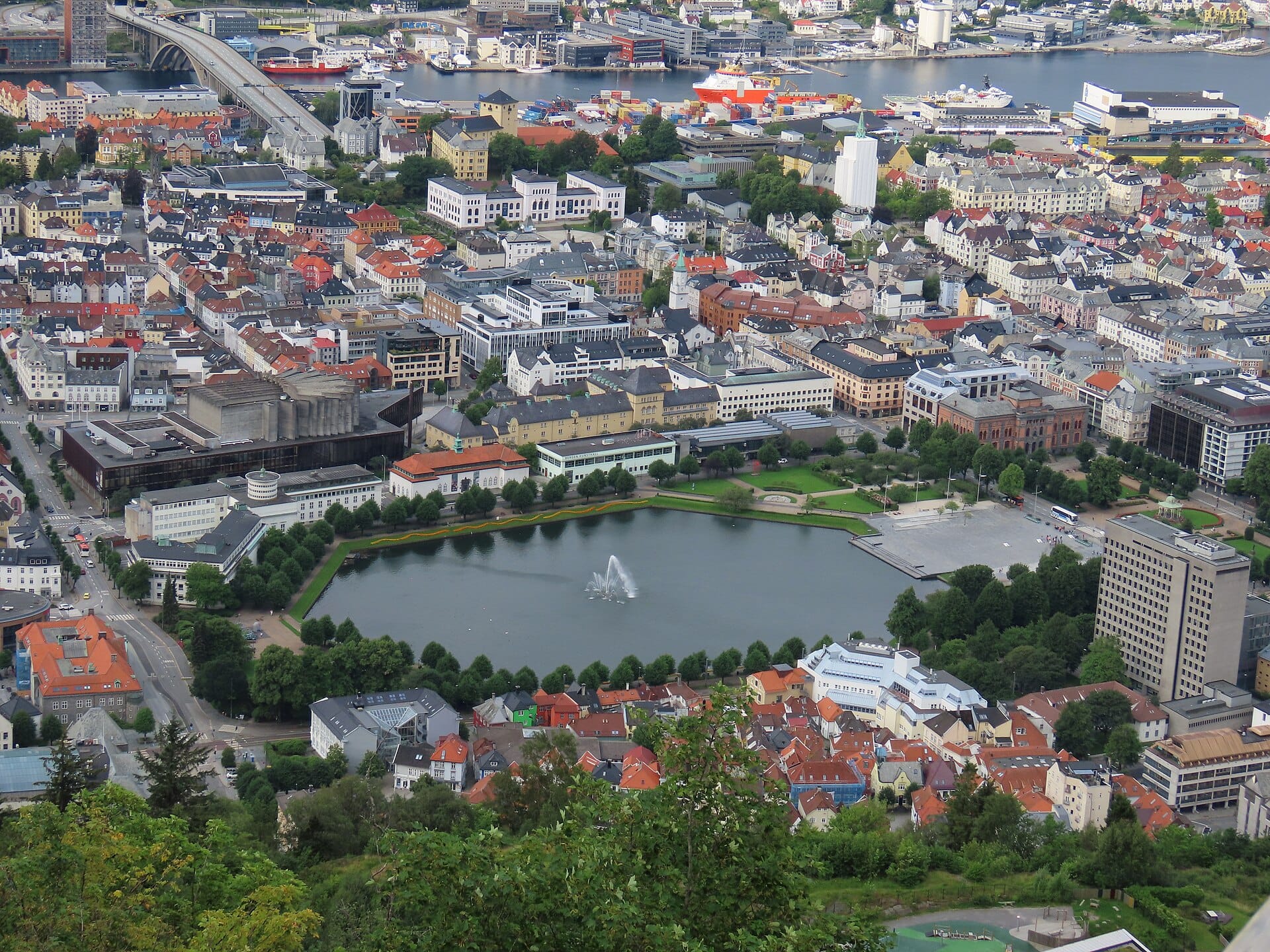 View over Bergen and its harbour from Mount Fløyen