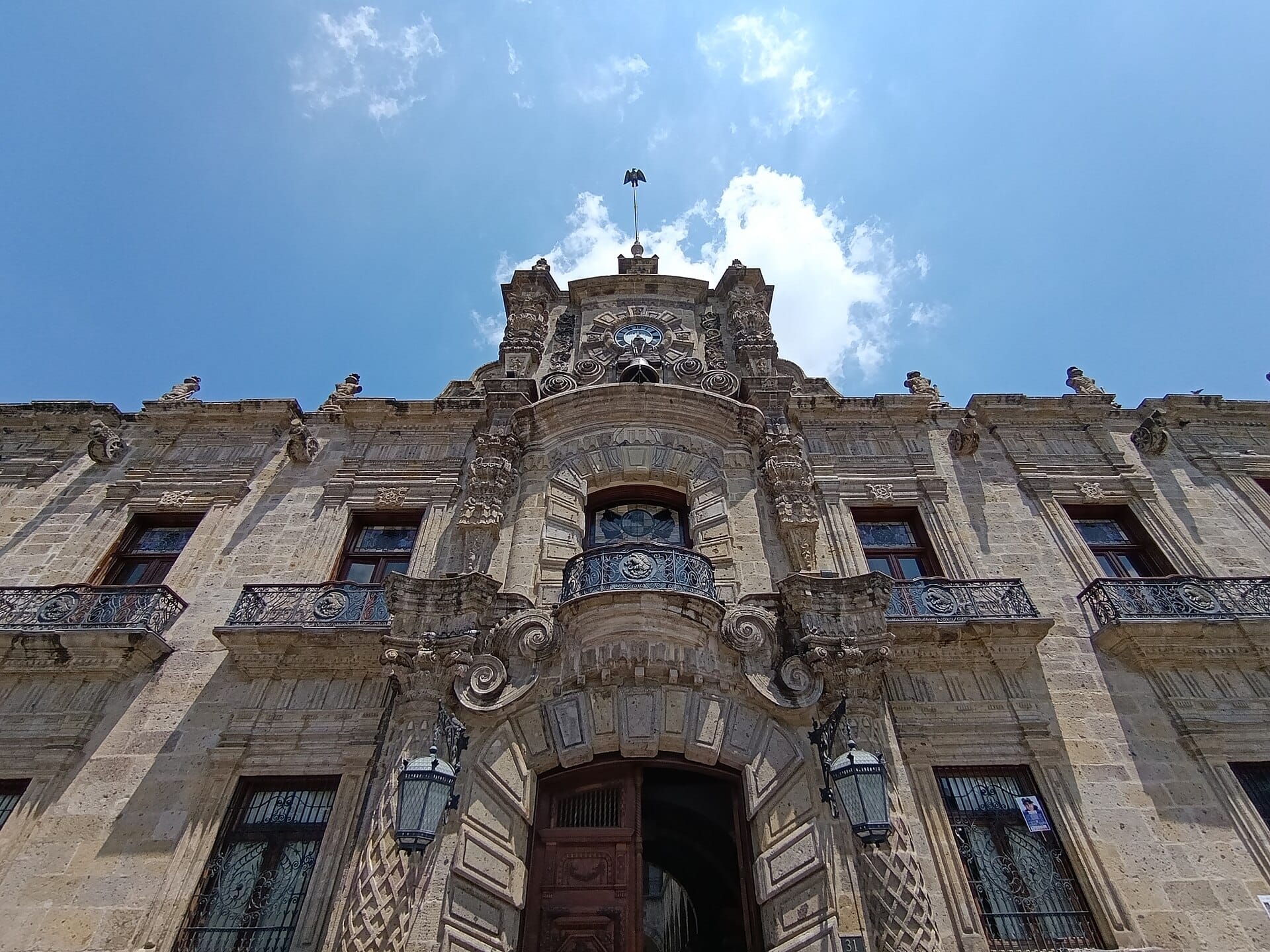 The stone facade of the Palacio de Gobierno de Jalisco in Guadalajara