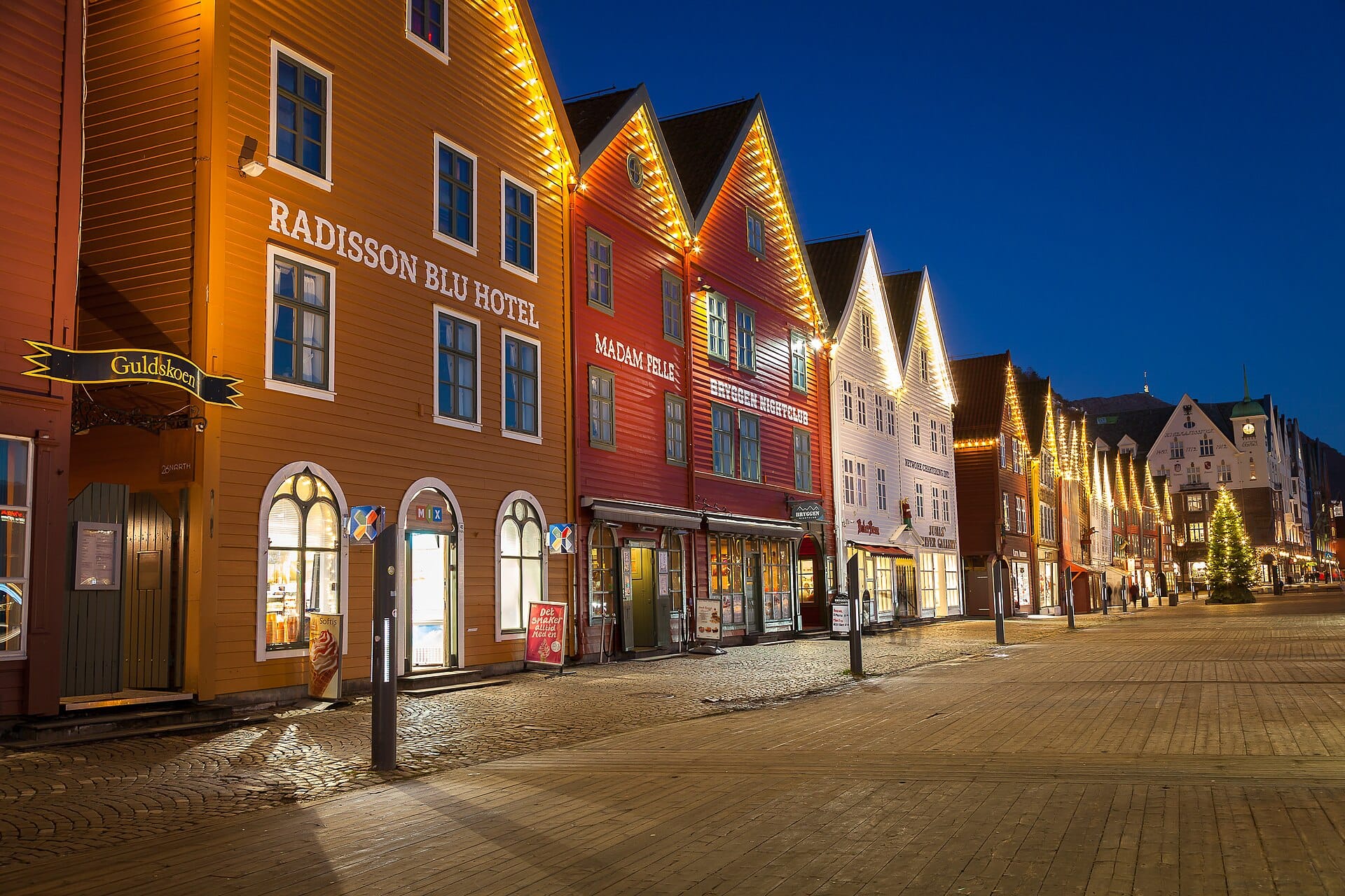 The wooden Hanseatic buildings of Bryggen along Bergen's harbour