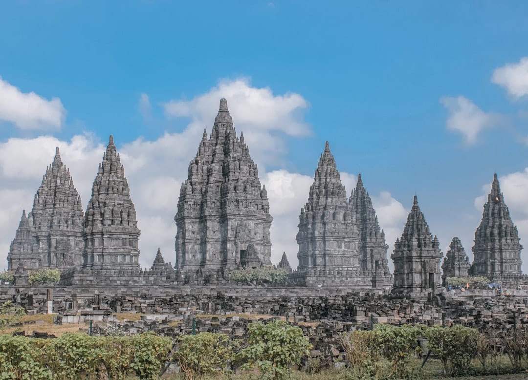 The tall central spires of Prambanan Hindu temple compound near Yogyakarta