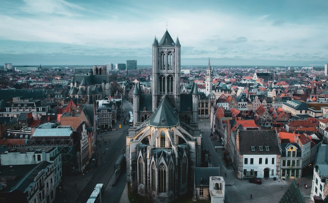 The Gothic tower of St Bavo's Cathedral in Ghent